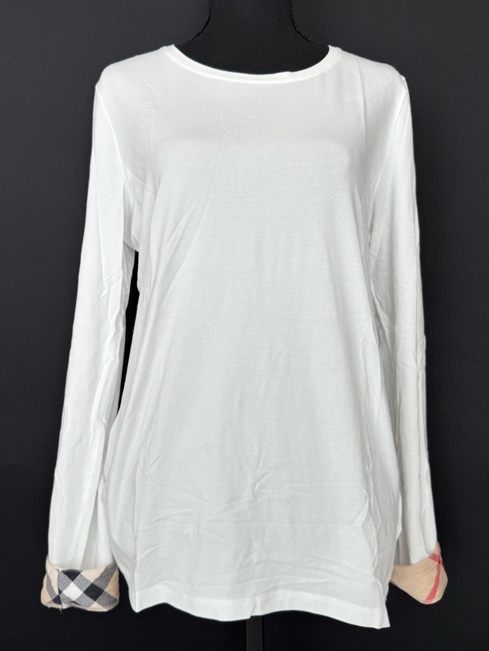 Burberry White Long-Sleeve Tee with Signature Plaid Cuffs